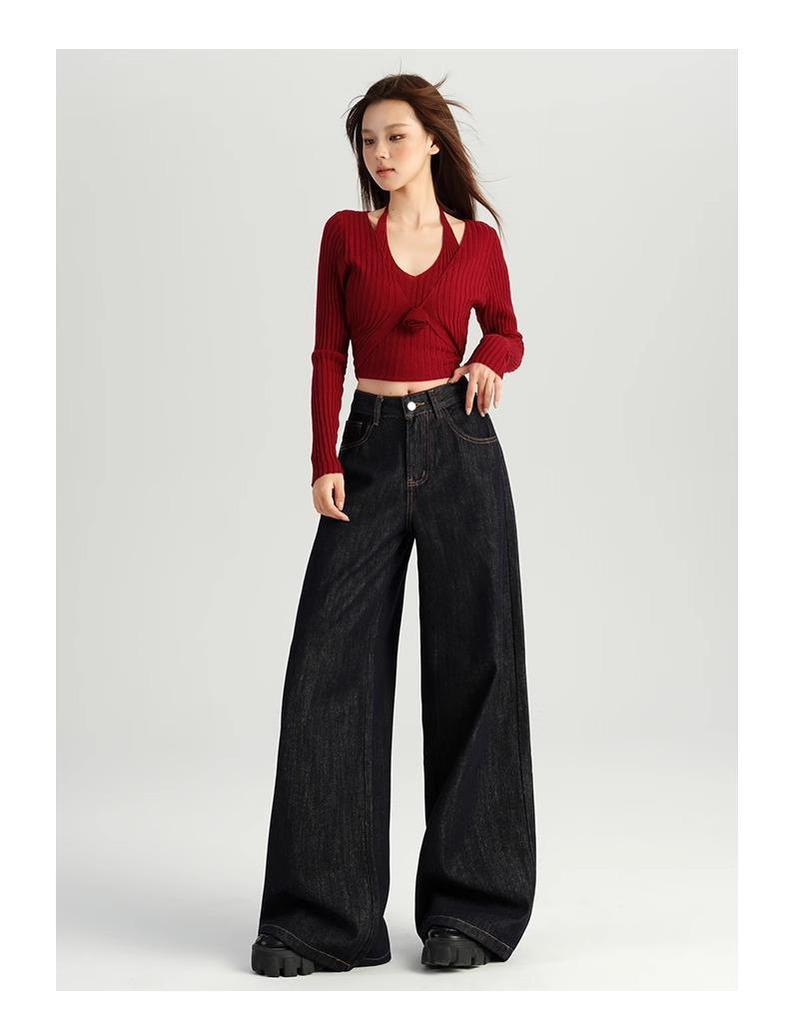 Damen 2024 Herbst Dunkelblaue High-Waist Wide-Leg Jeans - Bodenlang, Lockere Passform.