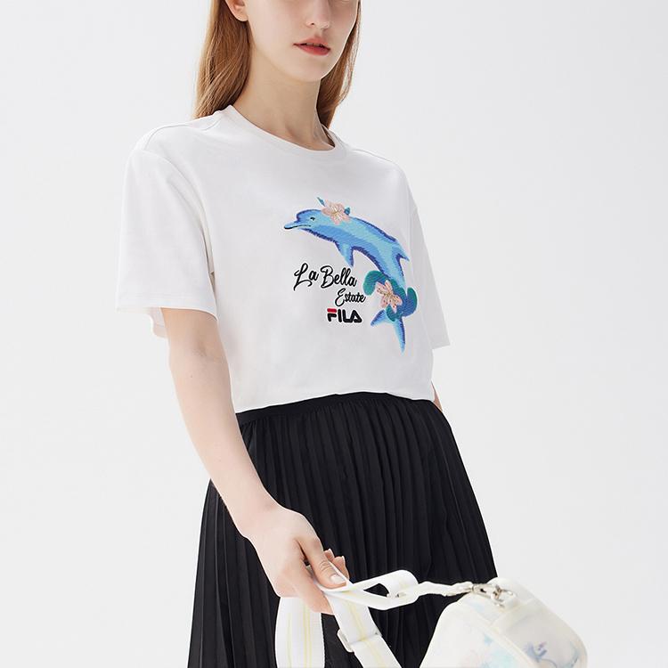 Fila Dolphin Print Casual Sports Short Sleeve T-Shirt Women Tops White F51W128107F-WT