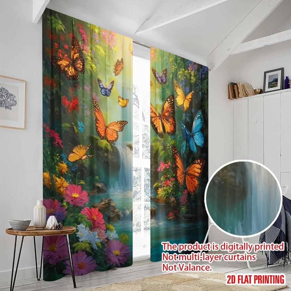2pcs,2D Plane Printing Light Filtering Curtains Butterfly Paradise 100% Polyester (without Rod) Festive for Bedroom Living Room