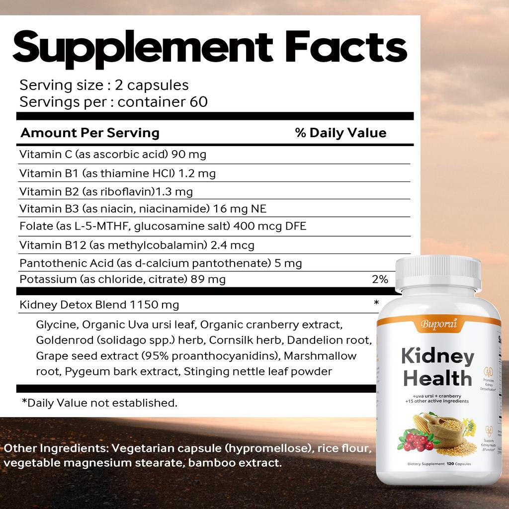 Kidney Health Support Supplement, Containing Bearberry and Cranberry Extracts, Supports Kidney Health.