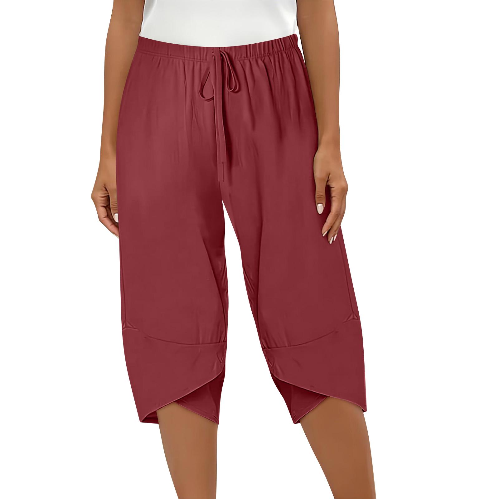 

Women s High Waist Casual Pants with Pockets Seven Quarter Length Sport Pants Elastic Waistband Lightweight Fabric Suitable for Outdoor Activities XL червоний