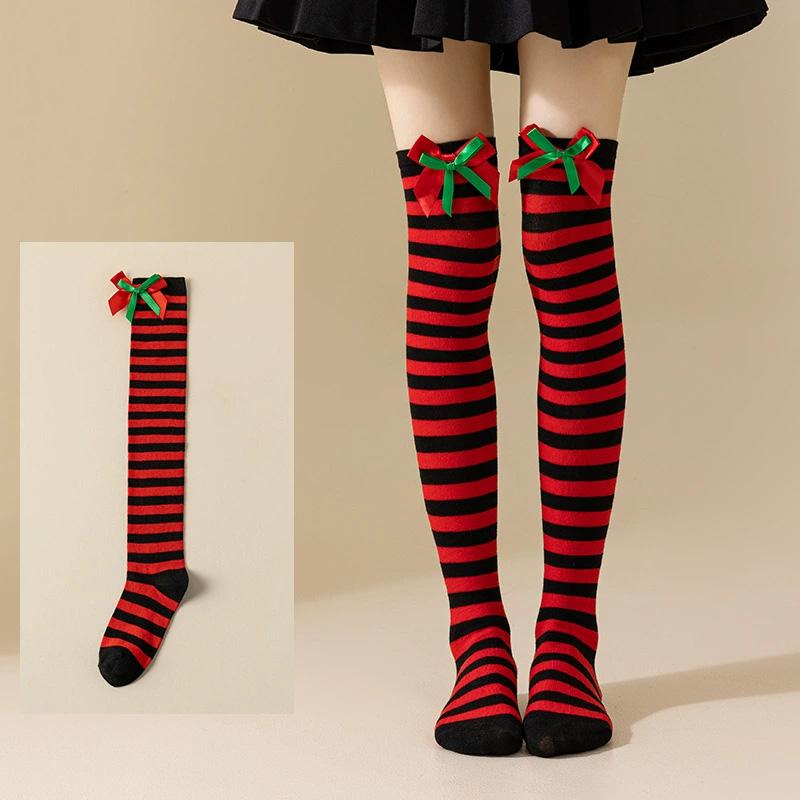 Women with Bow Accent for Women Girls Christmas Socks Knee-High Over-the-Knee Elegant Red & Green Striped Long Socks