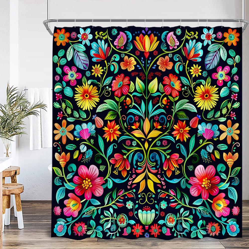 Boho Floral Vintage Shower Curtain Home Decor for Retro Bohemian Flower Herb Plant Bathroom Polyester Bath Curtain with Hook