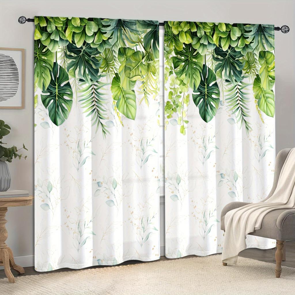 2pcs Nordic Green Plant Leaves Curtains-Light-Filtering WindowTreatment for Kitchen, Living Room, Office, and Bedroom Decor