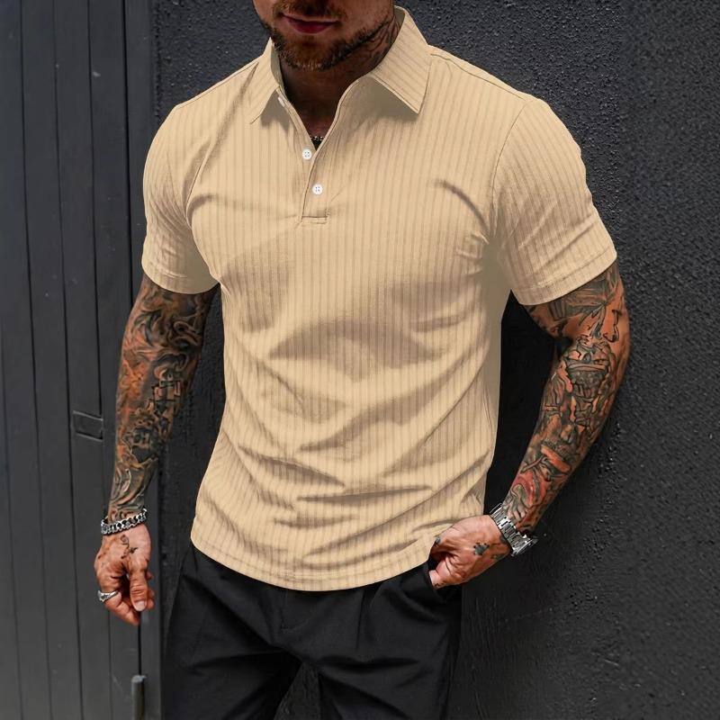 Men's Vertical Striped Textured Polo Shirt Short Sleeve Slim Fit Casual Top