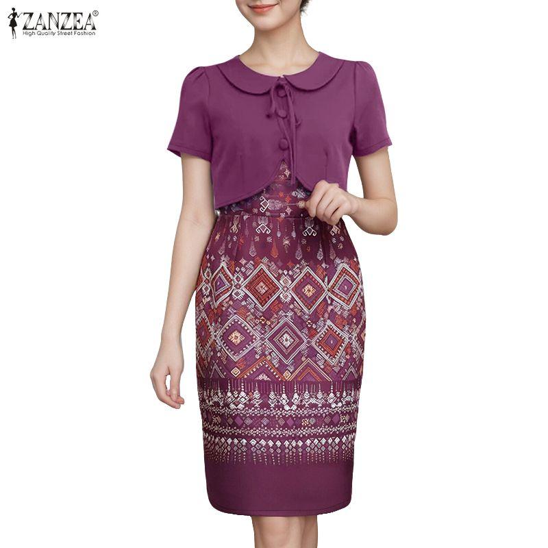 ZANZEA Women Ethnic Print Casual Doll Collar Summer Short Sleeve Dress
