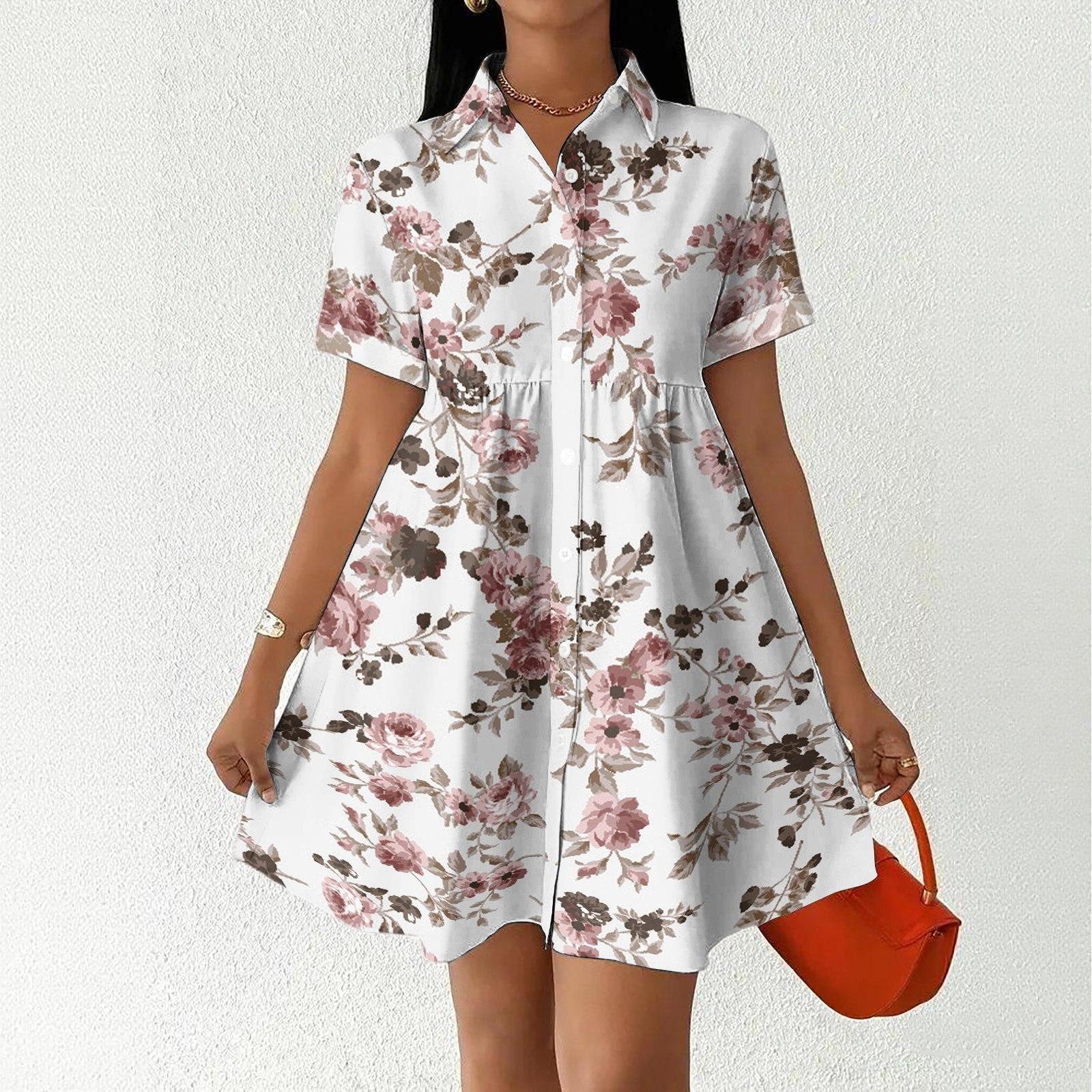 

Women’s Casual Loose Fit Shirt Dress with Button Front Stand Collar Short Sleeve Patchwork Print Lightweight Design M білий