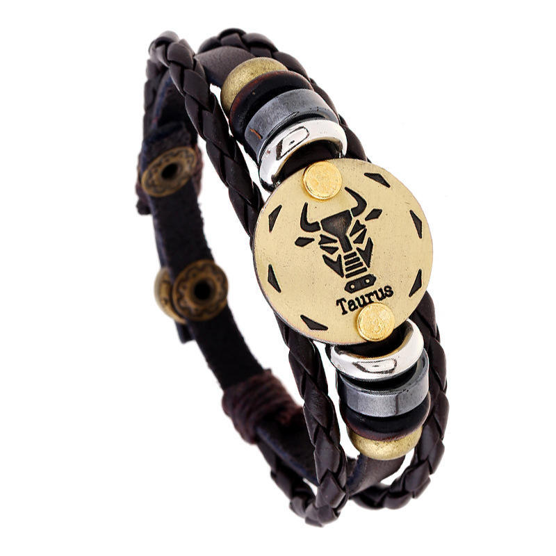 Vintage Zodiac Leather Cuff Bracelet Multi-Layer Chain Bracelet Adjustable Birthday Gift Jewelry