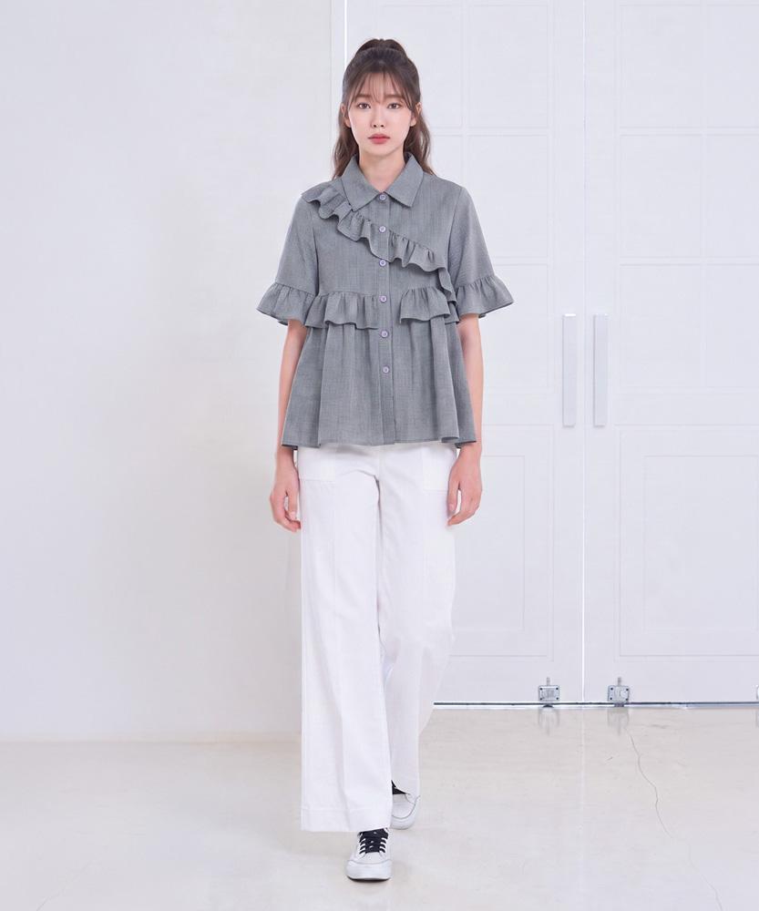 LBYL Black Check Frill Purple Button Blouse Shirt