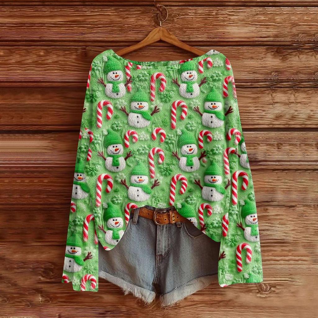 Damemote Langermet Christmas Snowman Snowflake Print Jakke Cardigan