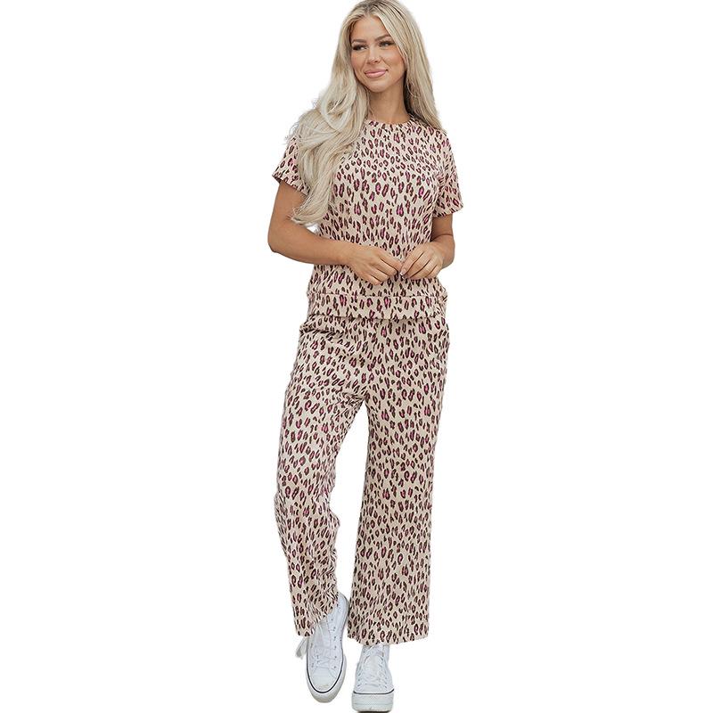 Summer Leopard Print Short Sleeve Two-Piece Set - Women s European American Casual Fashion Large