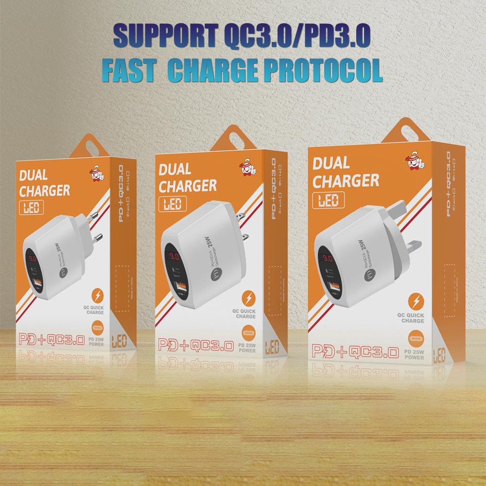 25W PD+QC3.0 Fast Charger with Digital Display - EU/US/UK Plug