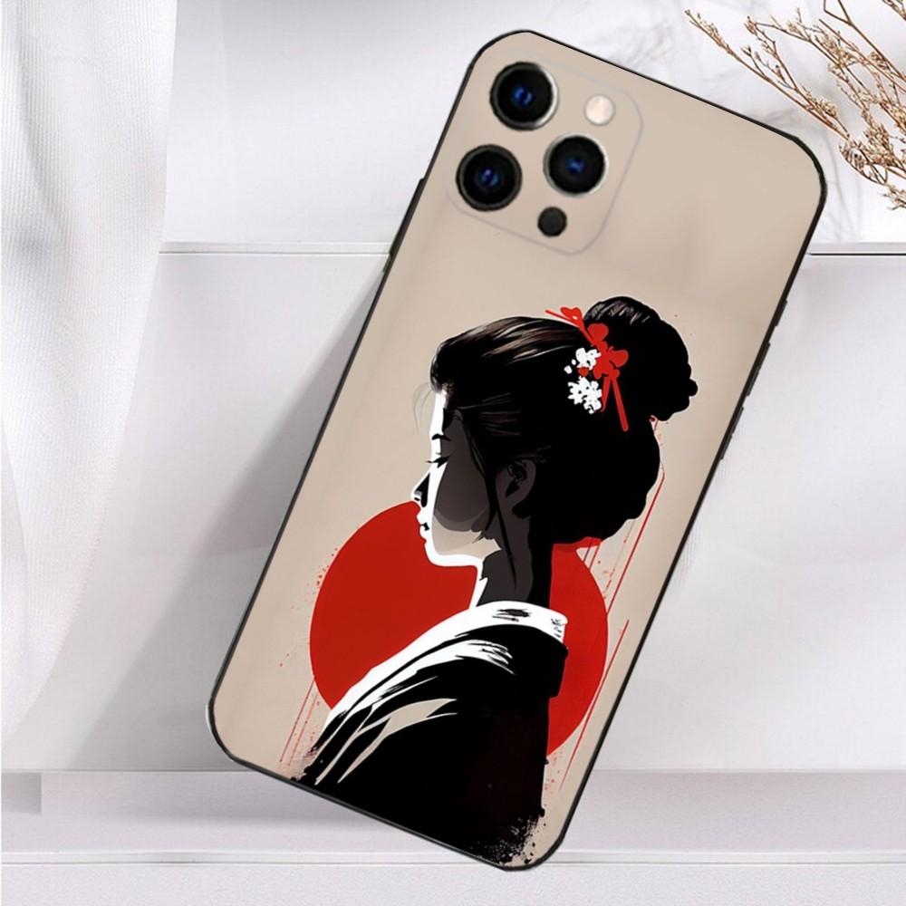 Japanese Geisha W-Woman Phone Case For iPhone 16,15,14,13,12,11 Plus,Pro Max,XS,X,XR,SE,Mini,8,7 Soft Silicone Black Cover
