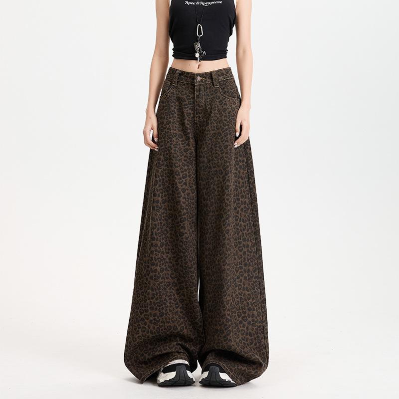 Women Leopard Print Wide Leg Jeans High Waist Loose Vintage Trousers Casual Floor-Length Denim Pants