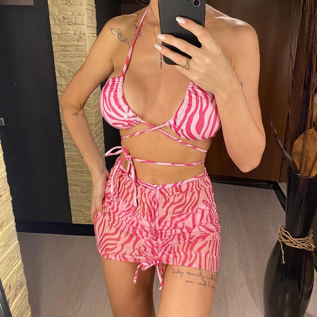 Novinka Se sukní Zebra Potištěný Zavinovač Kolem Bikin Dámské Plavky Dámské Plavky Třídílné Bikiny Souprava Koupání Plavky