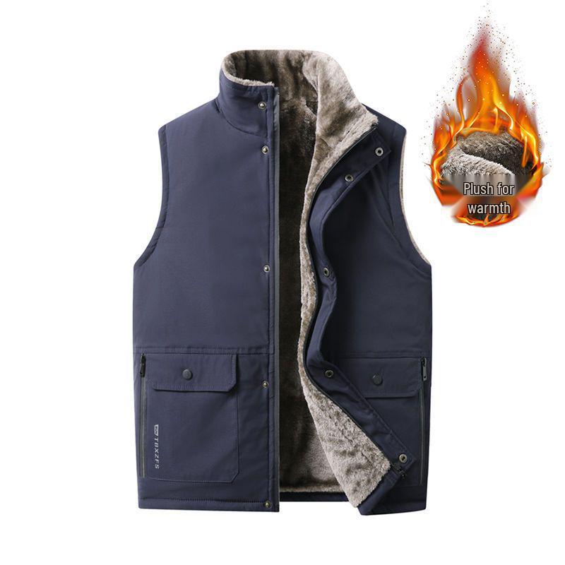Woodpecker Men's Plus Velvet Thickened Cotton Vest – Autumn/Winter Sleeveless Workwear Fishing Gilet