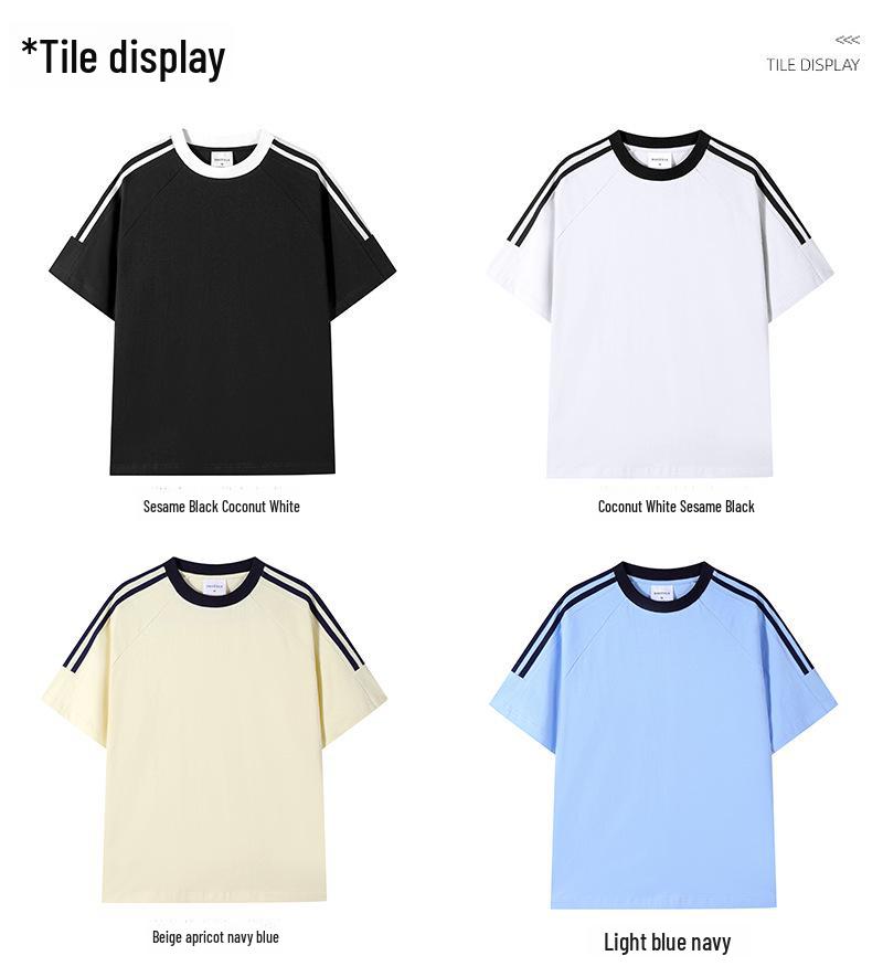 Unisex Solid Color Heavy Duty Combed Cotton T-Shirt, American Sports Style, Short-Sleeve with Three-Bar Ribbon, Summer Attire