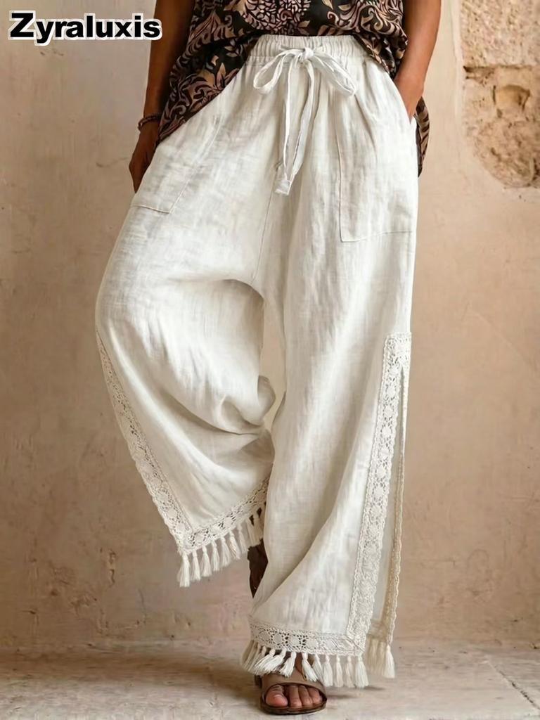 Summer Linen Cotton Side Slit Ruffles Bohemian Wide Leg Pants