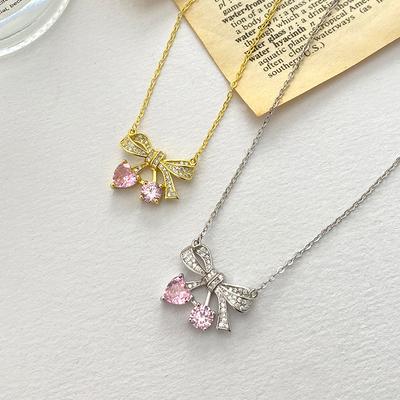 Zoete Roze Diamant Strik Ketting Liefde Zirkoon Sleutelbeenketting Cadeau voor Beste Vriendin