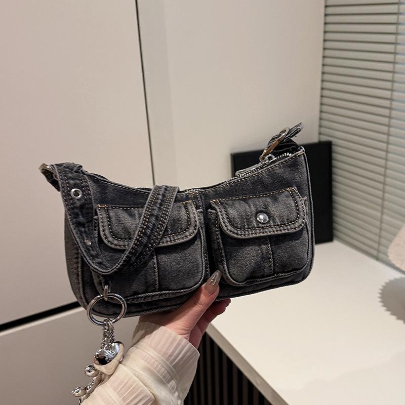Retro denim portable baguette bag women's 2026 spring new niche simple fashion shoulder messenger bag