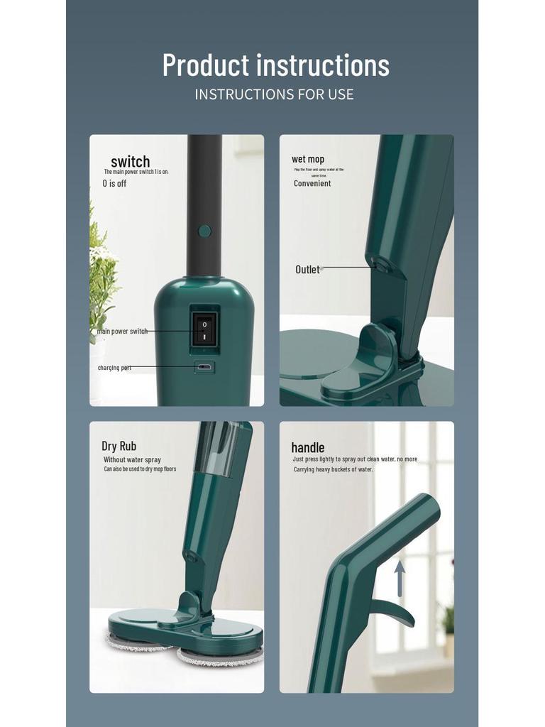 Wireless USB Rechargeable Floor Scrubber with Spray, Humidification, and Electric Mop Function