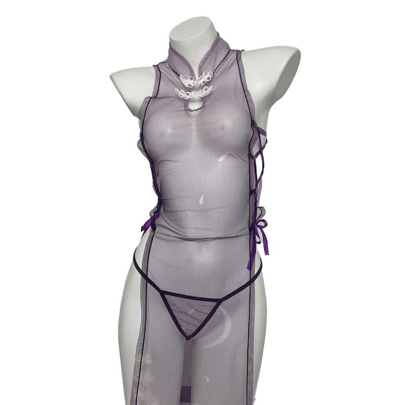 Women See Through Cheongsam Dress Sexy Halter Lingerie Set Dress Lace High Split Mesh Nightgown Chinese Couple Games Sex Uniform