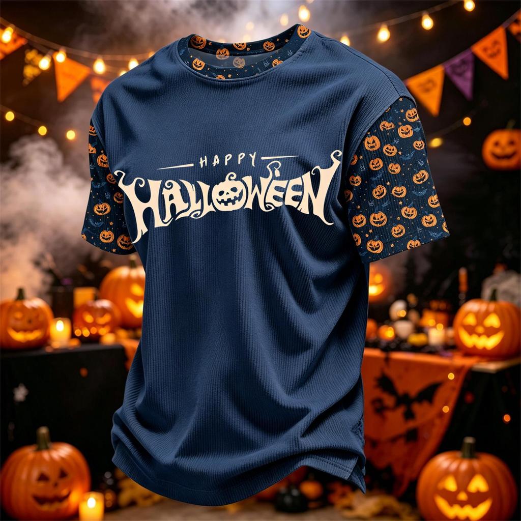 Herren Casual Corduroy Kurzarm Leicht Atmungsaktiv Rundhalsausschnitt Oberteil Halloween-Thema Aufdruck Buchstaben Design Bequeme Passform