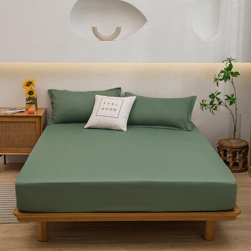 Solid Color Washed Cotton Fitted Sheet with Non-Slip Design and Skin-Friendly Pillowcase