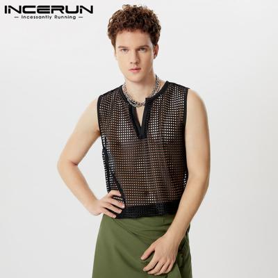 INCERUN Yaz Erkek V Yaka Kolsuz Hollow Out Ekose Tank Toplar