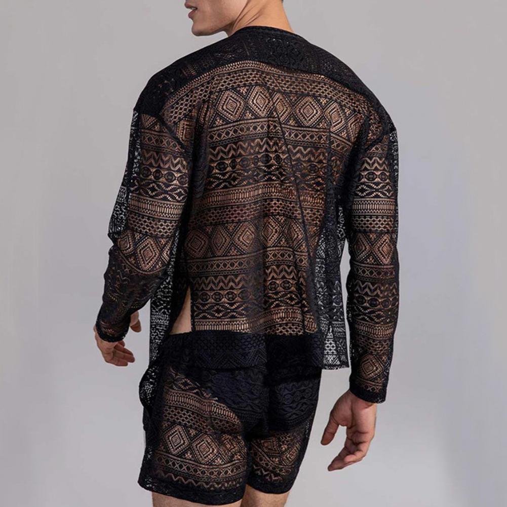 1 sada Populární pánský outfit Sexy muži Top šortky Hollow Out Průhledné Háčkované Košile Šortky Single Breasted