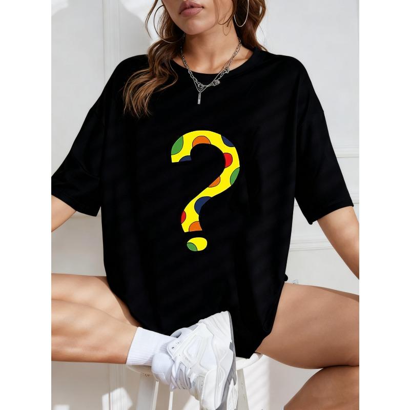 White Oversized T-Shirt With Colorful Question Mark Print For Casual Wear