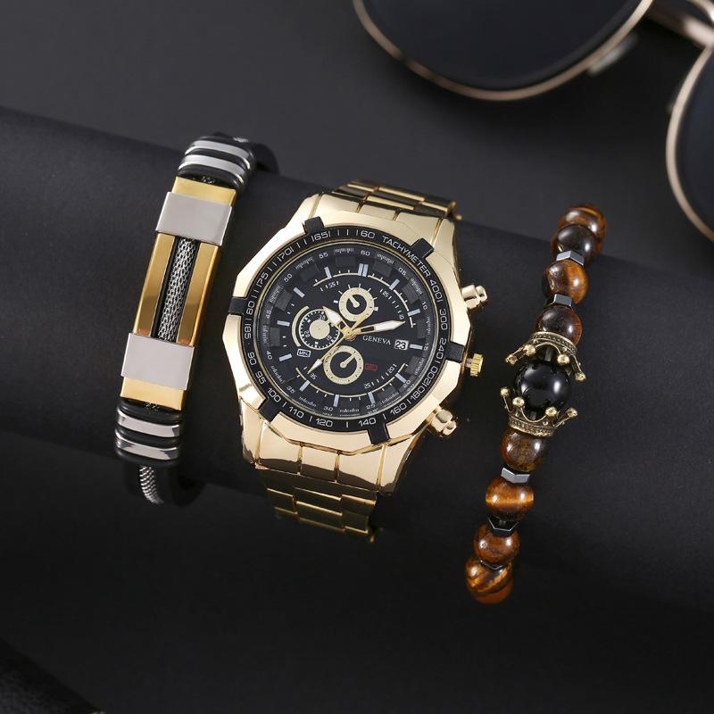 3pcs Set Men Steel Band Watch Luxury Sport Watches Fashion Business Quartz Wristwatch Dual Bracelet Set Relogio Masculino