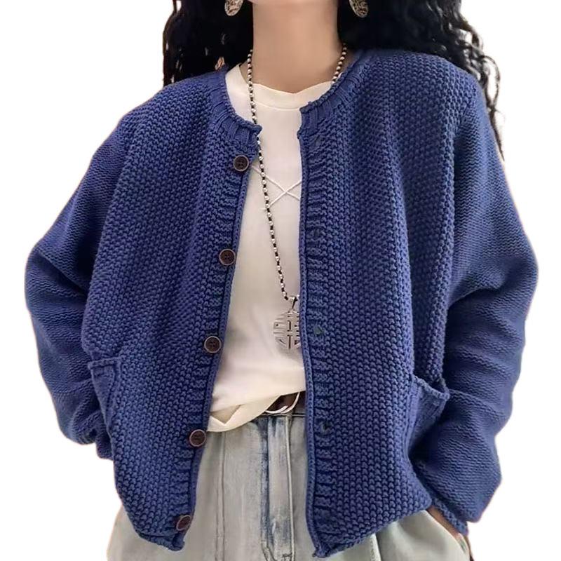 Round-neck Long-sleeved Knitted Cardigan Sweater Jacket for Women Spring New Korean Style Loose Top
