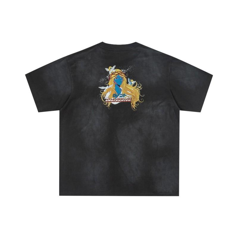 Unisex Distressed Oversized Cotton Tee With Saint Michael Graphic Print Casual Loose Fit T-Shirt