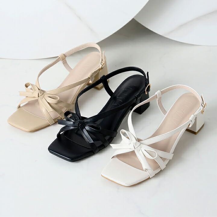 Sandals with 5cm Chunky Heel L [Vivian] Women's Straps, Ribbon, V65104SM, Ivory, (24.0-24.5)