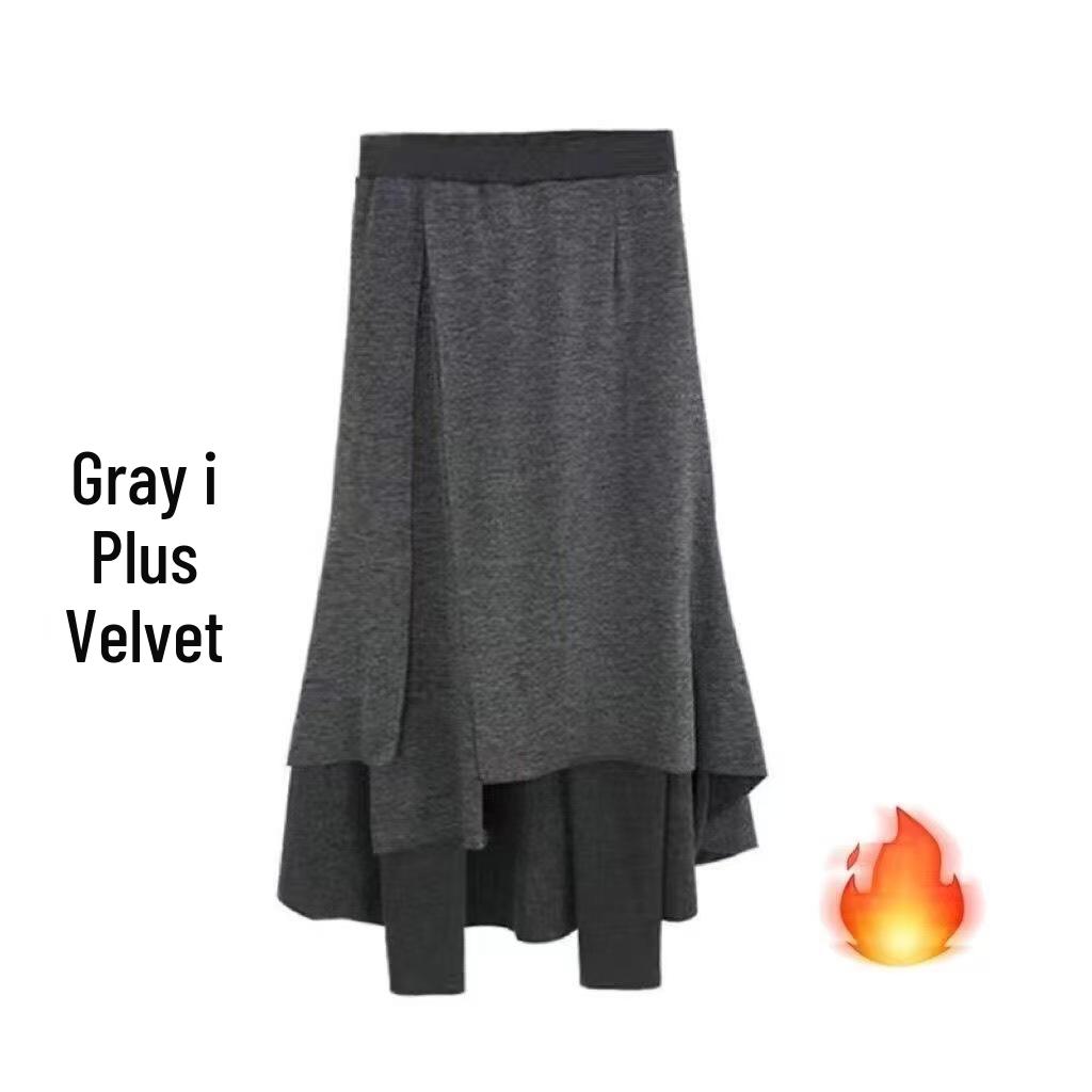 Plus Size Women's Faux Two-Piece Leggings Skirt with Velvet - Irregular Cut, Autumn/Winter Thickened One-Piece Pants.