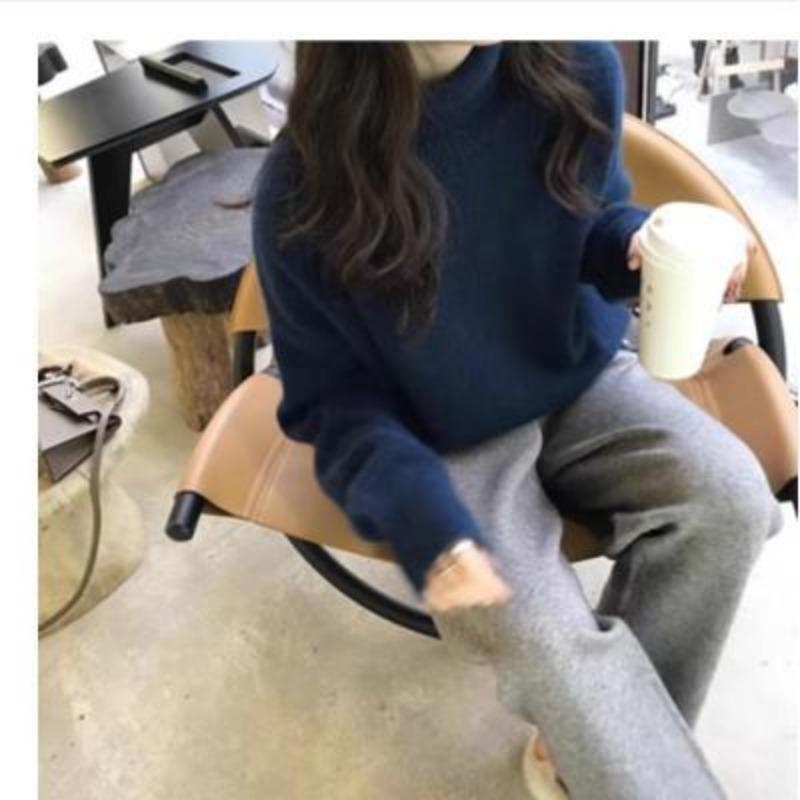 

Осенне-зимний женский утолщенный однотонный вязаный свитер, свободный ленивый свитер с высоким воротником и коротким вырезом L тёмно-синий