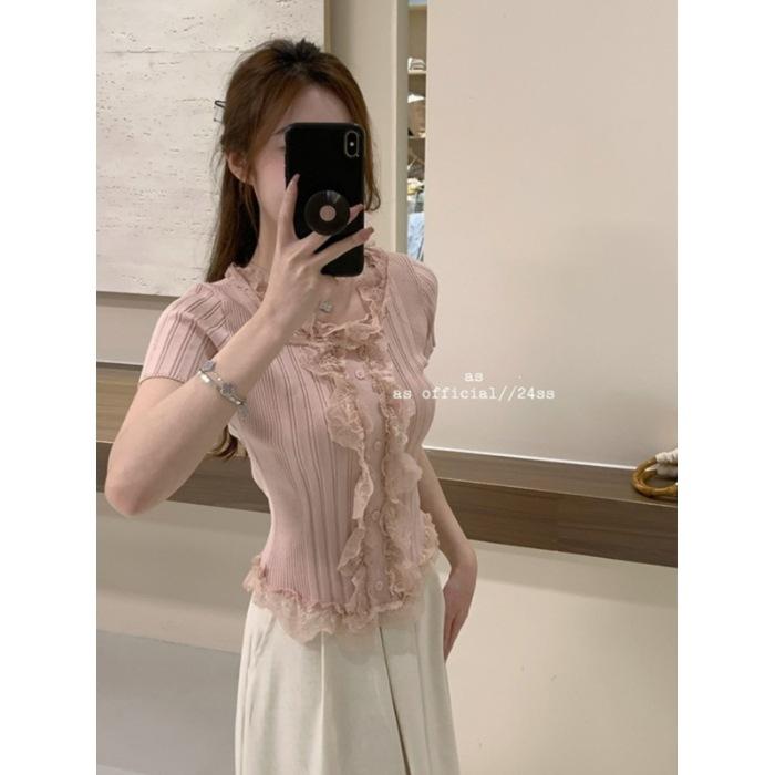 Summer High-end Lace Splicing Short-sleeved T-shirt Women's Fashion Slim-fitting and Thin Chic Foreign-style Top Ins Tide
