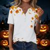 Women's Casual Short Sleeve V-Neck T-Shirt with Leaf Print and Decorative Buttons