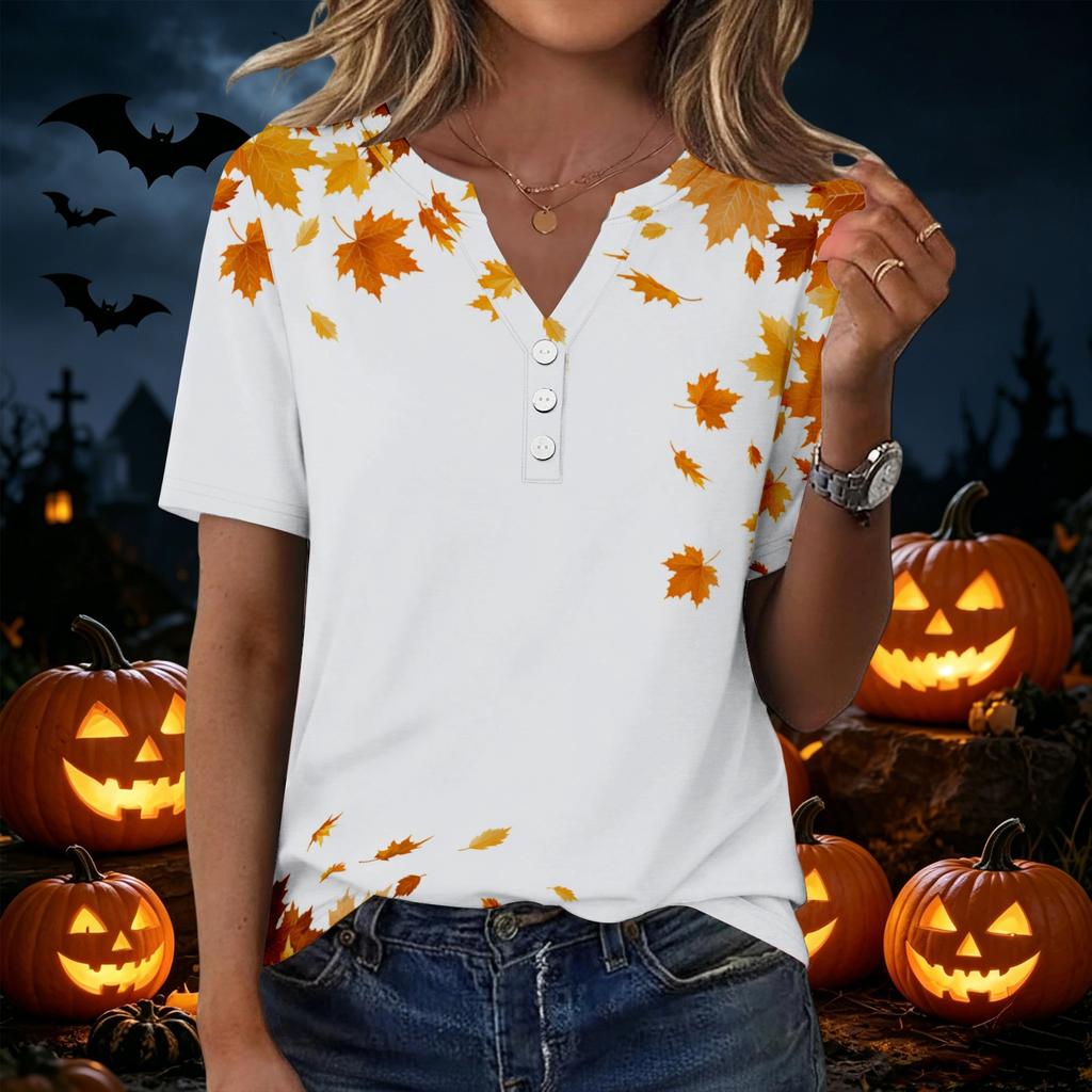 Women's Casual Short Sleeve V-Neck T-Shirt with Leaf Print and Decorative Buttons