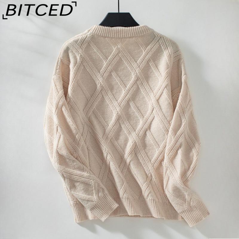 BITCED Autumn/Winter Diamond-Patterned Pullover Sweater for Women Loose-Fit O-Neck Knitted Top