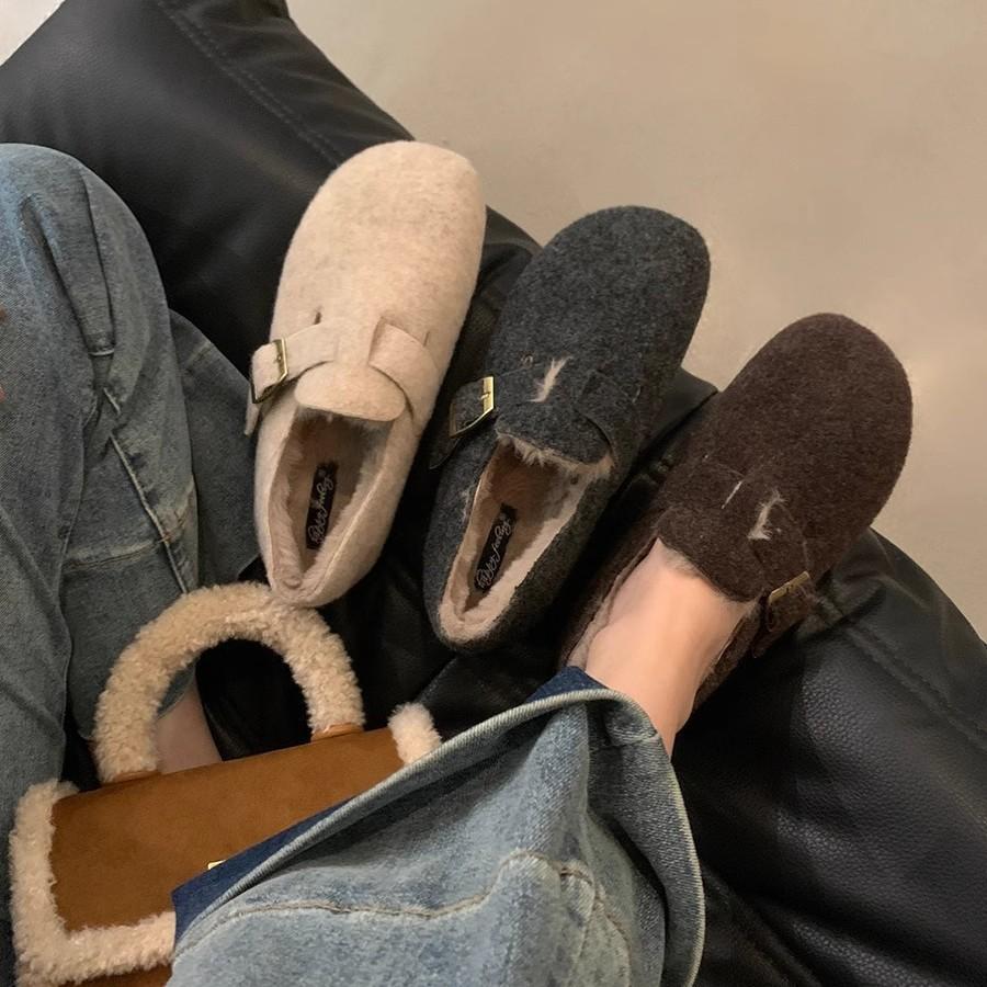 Thick-soled Fluffy Slippers Women's Winter Wear 2025 Mori Series Retro Boken Shoes Women's Velvet Lazy One-pedal Cotton Slippers