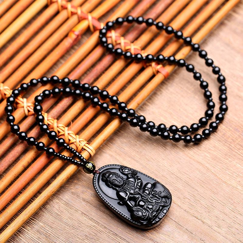 12 Zodiac Guardian Gods Black Obsidian Necklace with Guanyin Pendant