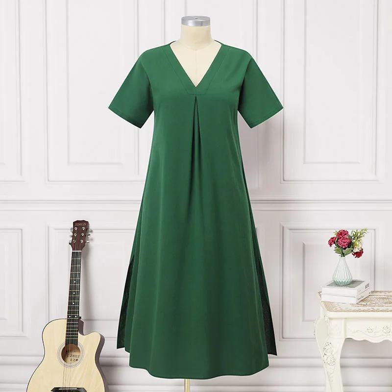 2024 Spring/Summer European American Cotton Linen V-Neck Short Sleeve Pocket Dress