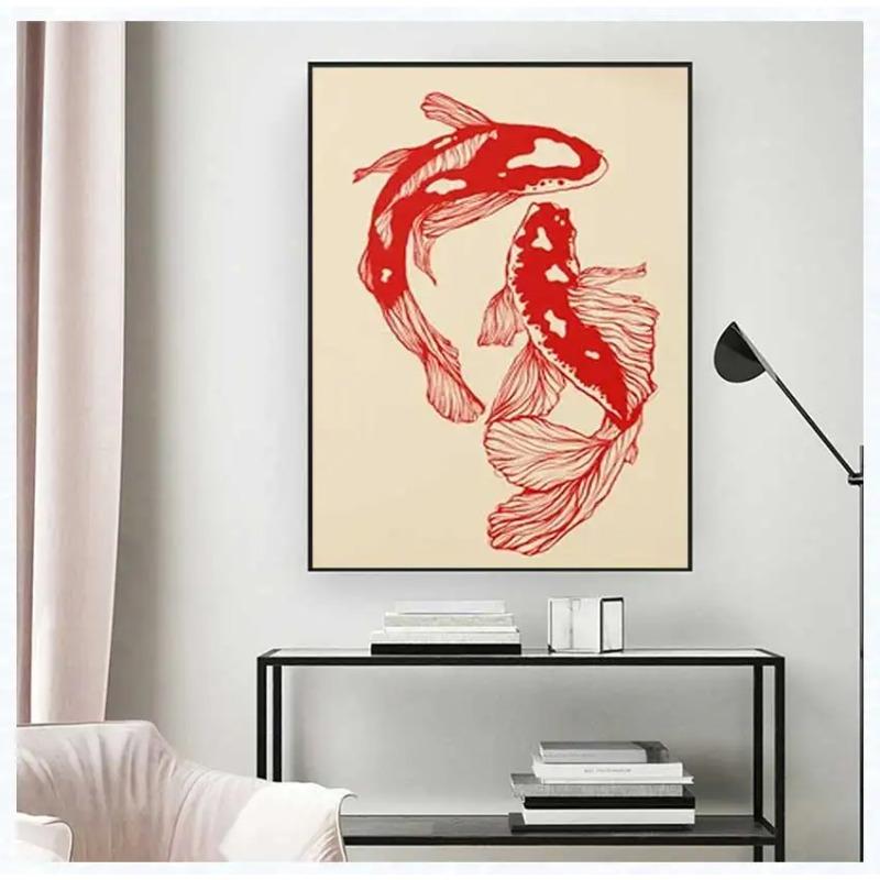 Unframed Vintage Red Koi Fish Posters Canvas Painting Retro 2pcs Aesthetic Wall Art for Home Living Room Office Decor