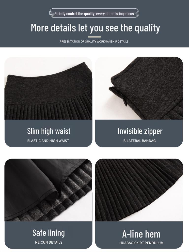 2026 New Petite Women's Grey Woolen A-line Pleated Short Skirt - Fluffy & Slimming Spring Style
