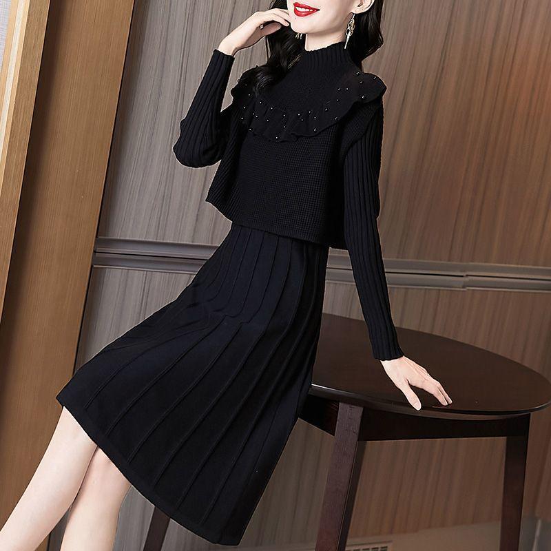 

Осень/Зима Элегантный вязаный жилет с оборками и французское свитерное платье с колокольчиком L (101-110 lbs)