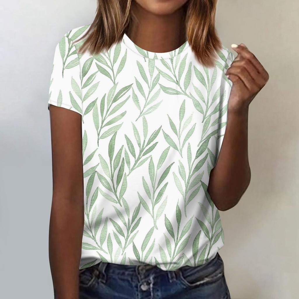 Women's Fashion Casual Short Sleeve Flower Print Round Neck Pullover Top Blouse