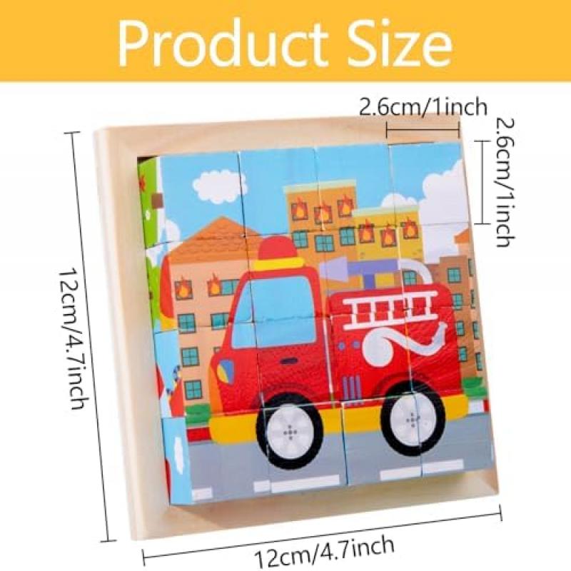 Bilderwürfel Holz 16-Piece Wooden Cube Puzzle 3D Puzzle Game Montessori Educational Toy for Boys Girls Ages 2 3 4 Years Old