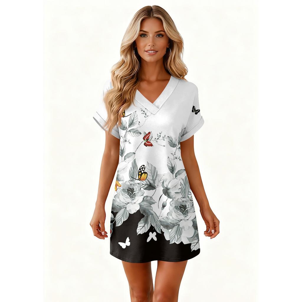 Women's Fashionable Floral Print V-neck Short Sleeved Pocket Casual Pullover Dress